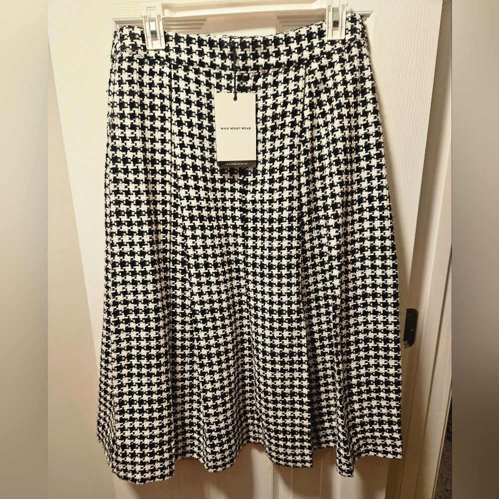 Who What Wear Black & White Houndstooth A-Line Midi Skirt